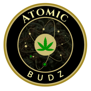 Atomic Budz logo with cannabis leaf