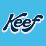 Keef script logo on light blue background