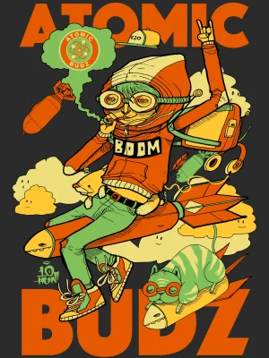 Cartoon character in goggles riding rocket with cat